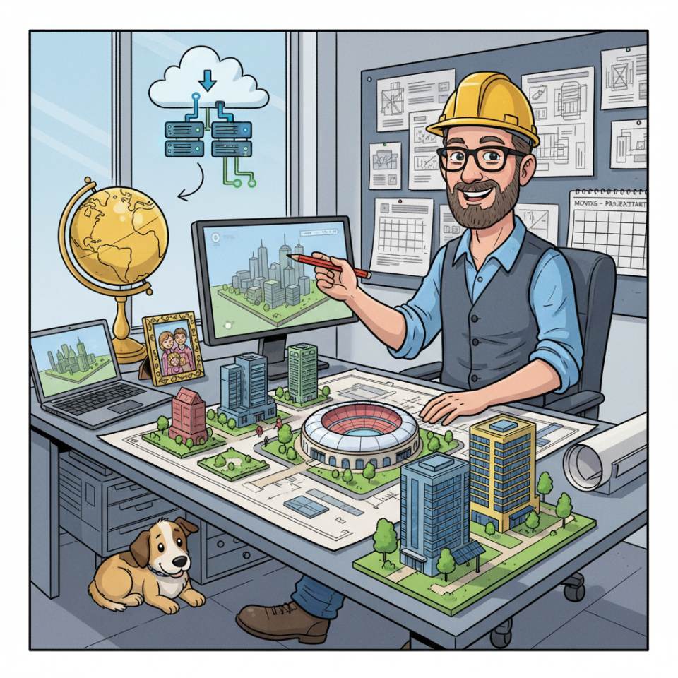 Comic-Darstellung eines Architekten mit Bauplänen, Architekturmodell und Laptop an einem Planungstisch vor einem modernen Gebäudeentwurf