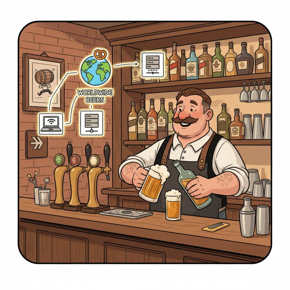 Comic illustration of a bartender behind a well-lit bar with a cocktail shaker