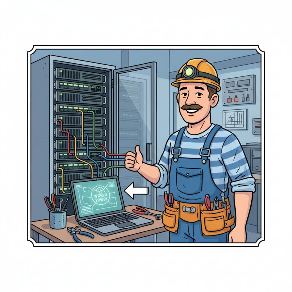 Comic illustration of an electrician with tools and a wiring diagram in front of a modern electrical installation