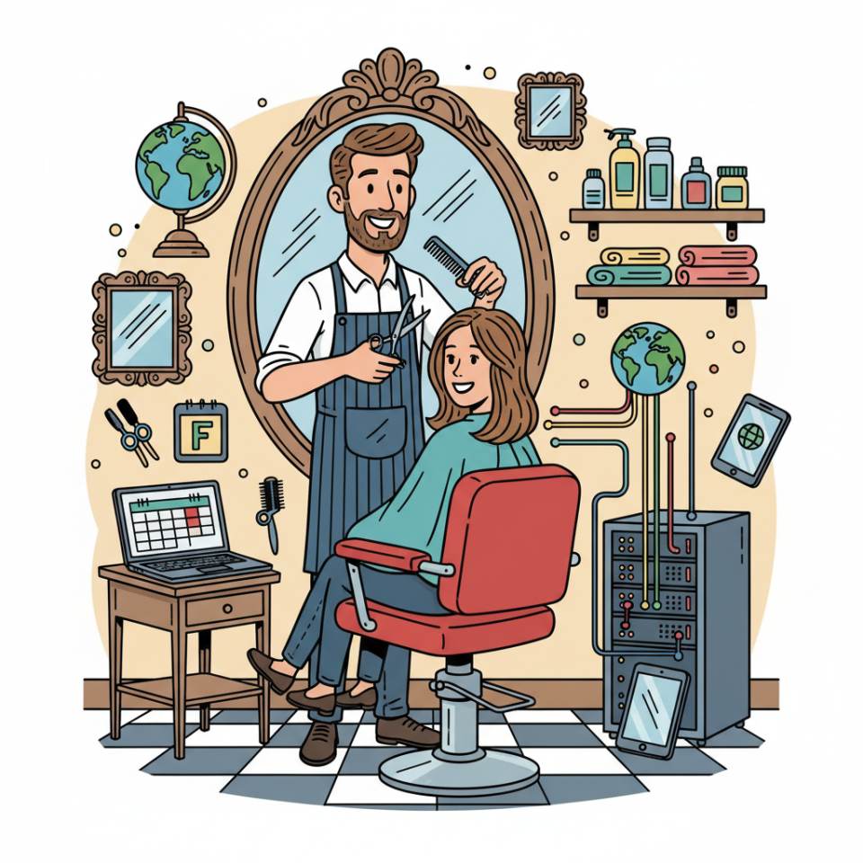 Comic illustration of a hairdresser cutting and styling hair in a salon