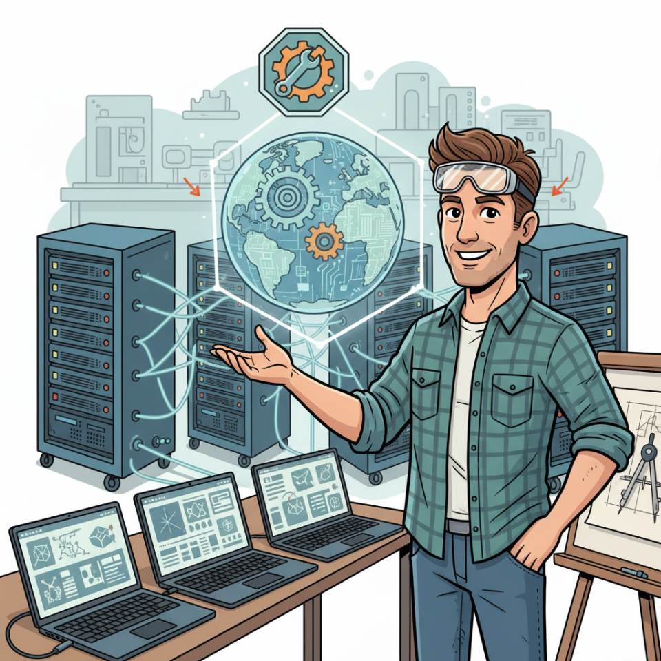 Comic illustration of a design engineer at a CAD workstation with a 3D model, drawing and caliper