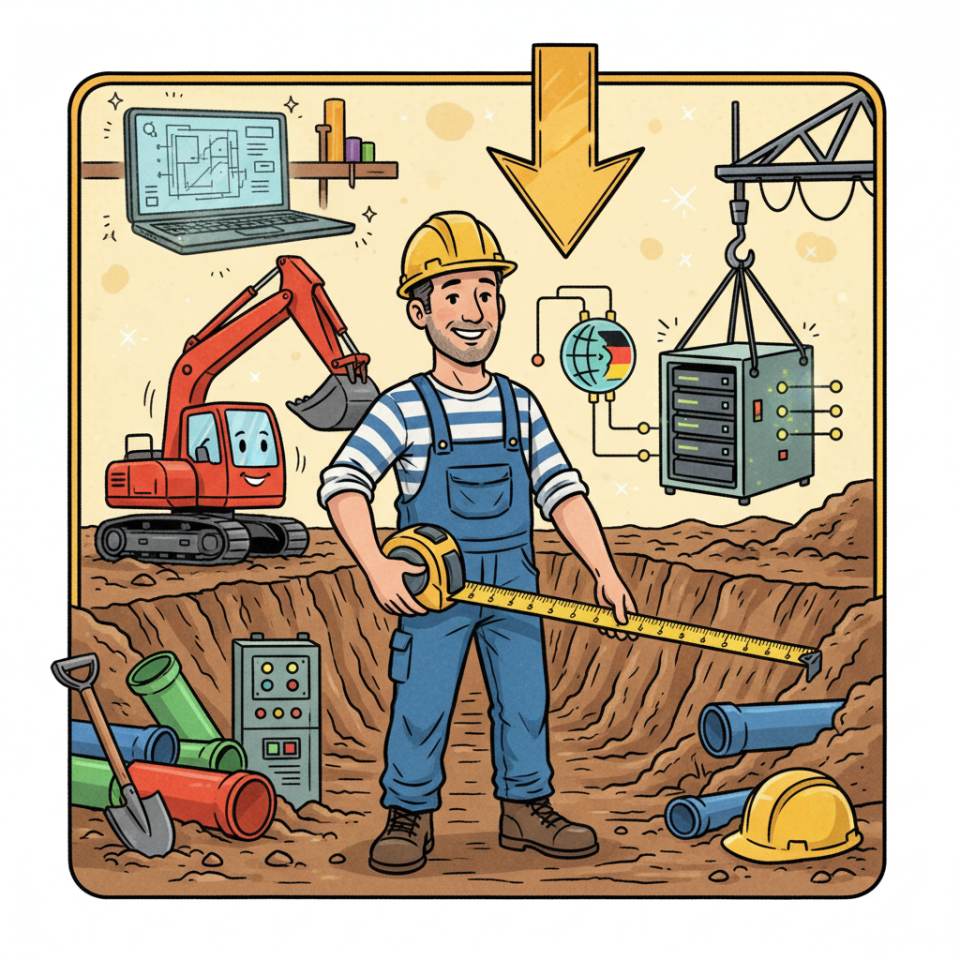 Comic illustration of an underground construction worker with helmet and shovel at an excavation pit with a pipeline and excavator on a construction site