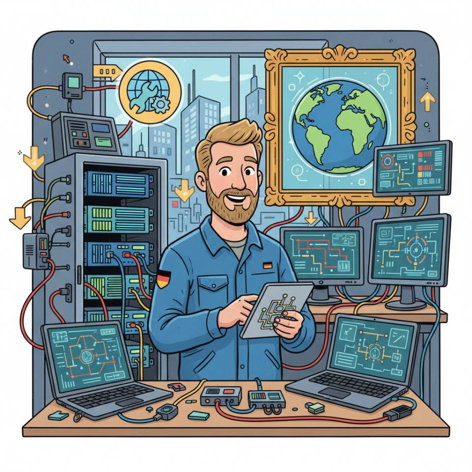 Комікс-зображення сервісного техніка з інструментом і діагностичним приладом під час обслуговування установки у клієнта